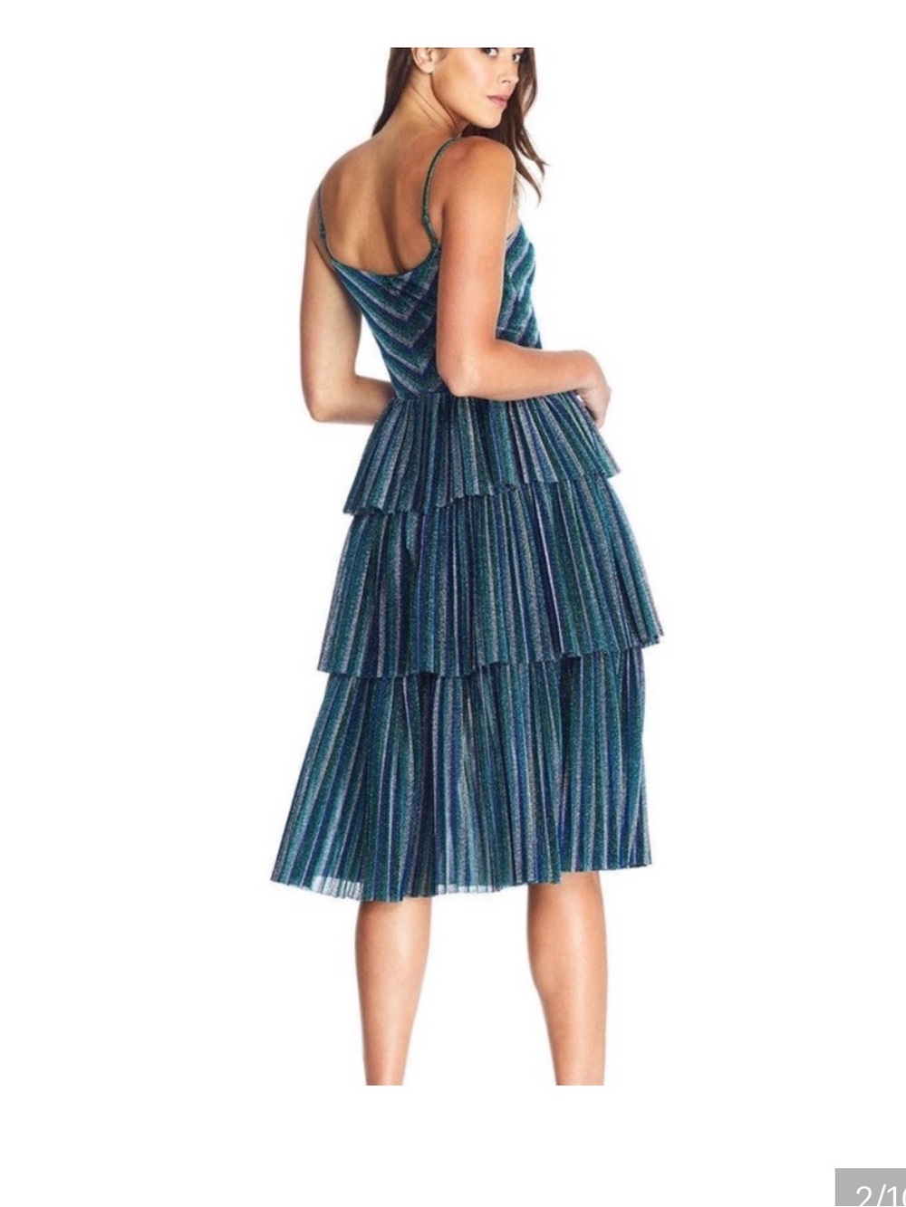 Dress the Population Size M Tiered Striped Midi Dress in Teal Blue